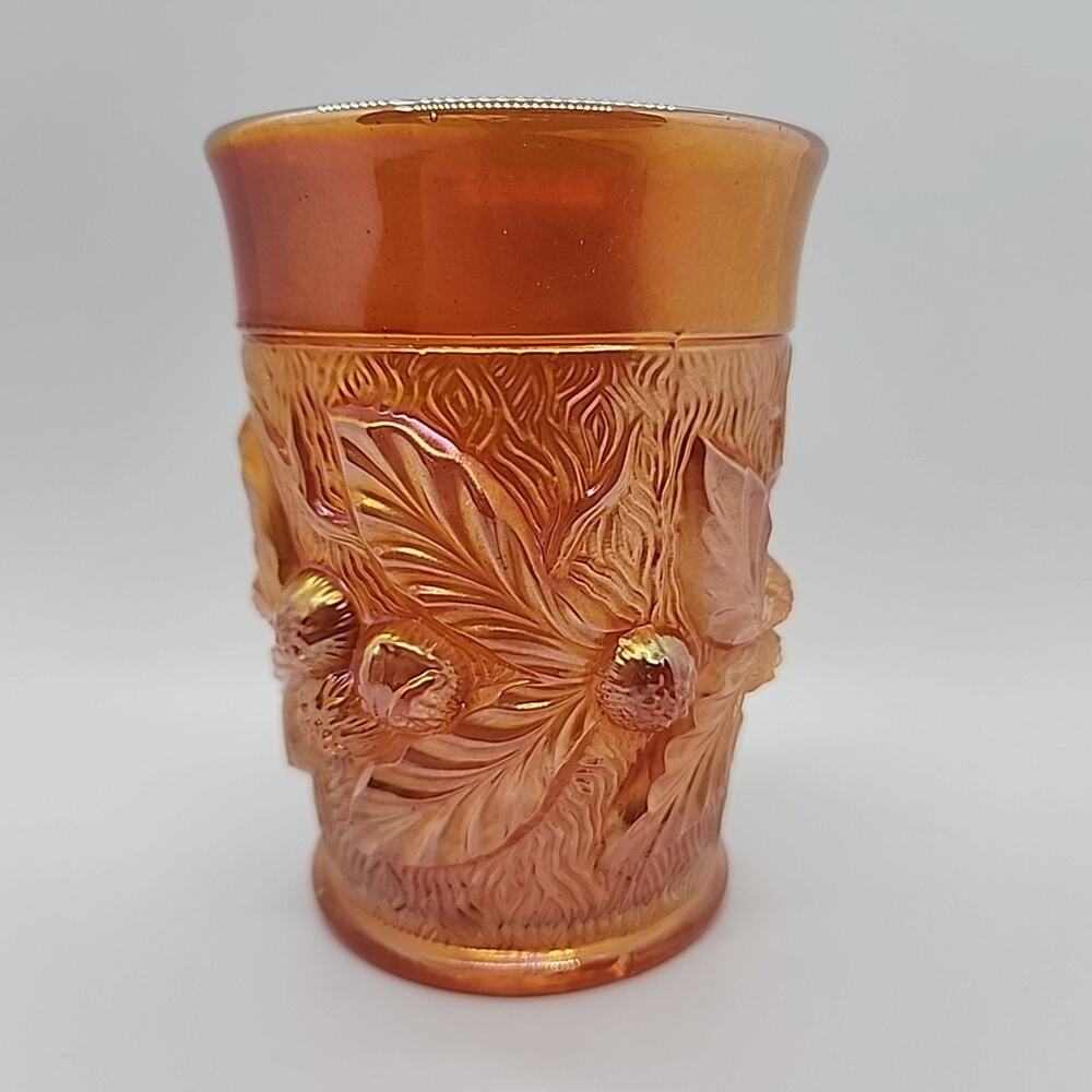 Northwood 4in Marigold Carnival Glass Acorn Burrs Leaves Tumbler Drinking